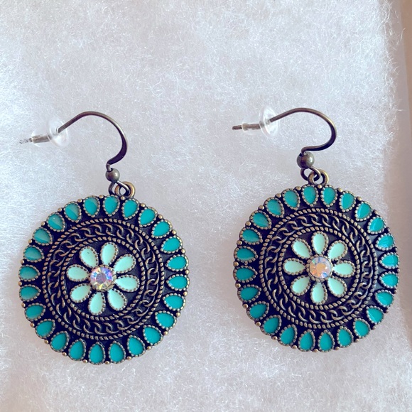 Round Floral Turquoise Earrings - Picture 6 of 6